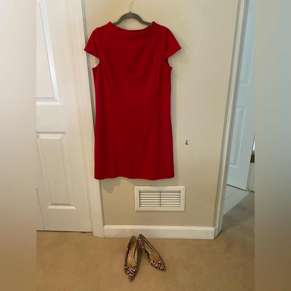 Loft Red Shift Dress with mock neck and cap sleeves, size 8